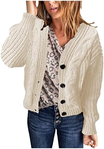 Tunuskat жени есен моден кабел плетен џемпер бучен кардиган копче V вратот кратки отворени предни симпатични цврсти врвови за