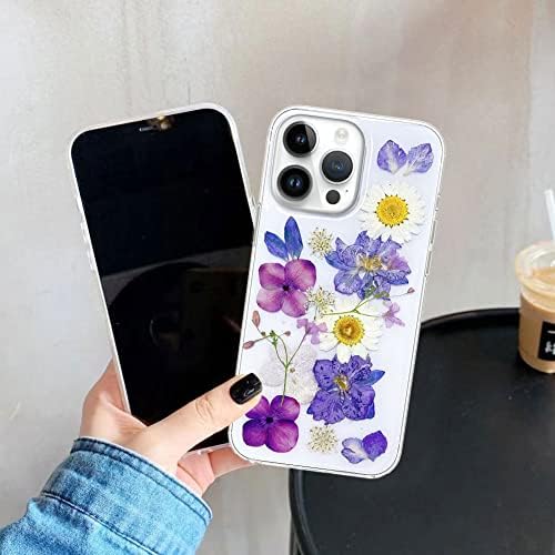 Абери дизајниран за iPhone 13 Pro Max Pressed Flower Case, симпатична сјајна сјај искра чиста со дизајн мека силиконска гума