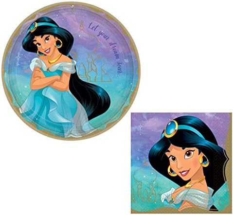 Снабдување со тематски партии на принцезата Јасмин: Пакетот вклучува тркалезни чинии за вечера и салфетки за 16 лица