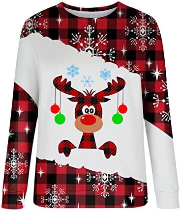 Божиќни печати карирани дуксери за џемпери, обичен пад на долги ракави, маичка со маичка со лесна блуза дами
