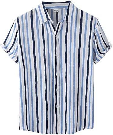 Машка лежерна врвна кошула лента печатена кошула со кратки ракави со една кошула за вртење на јака, меки модни копчиња на врвови