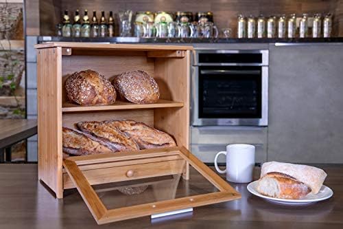 Г. Домашна Кутија За Леб Од Бамбус Со Јасен Преден Прозорец-Држач За Складирање Дрвен Леб Со Голем Капацитет За Кујнски Шалтер