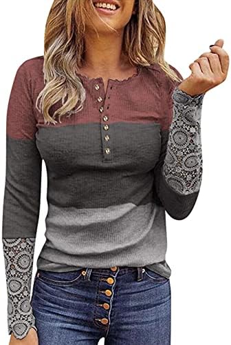 Henley кошула женска чипка модна врвна кошула долга ракав О-вратот Туника предно копче женски високи маици памук памук