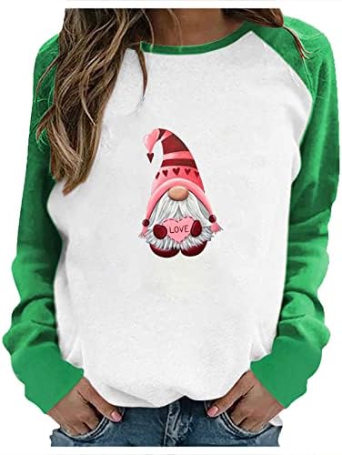 Валентин кошула за жени Gnomes Graphic Graphic долги ракави маички врвни симпатични празници на екипажот во боја, пулвер, пулверски