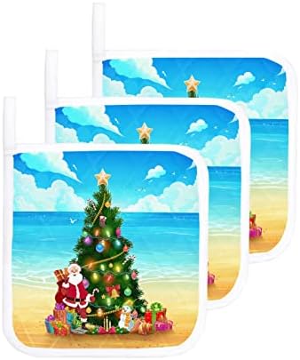 Сет на држачи за тенџере од 4, Божиќна крајбрежна Дедо Мраз Полтер за кујнски топлински влошки, Божиќно дрво на плажа песок