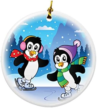Зимска сцена на Рики Најт со уметничко лизгање пингвини дизајн околу порцелански двострани божиќни украси