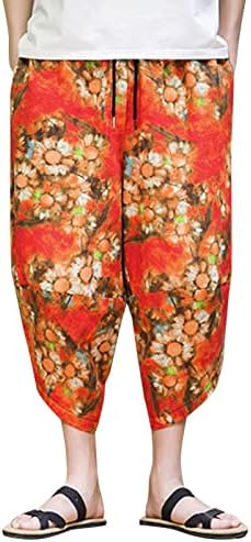 Зашиени панталони за бразда, машки пролетно лето, цветни памучни ленени панталони, лабави печатени панталони со целосна печатење