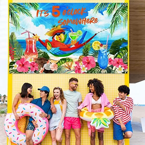 Тоа е 5 О' Часовник Некаде Лето Позадина Тропски Папагал Банер Плажа Хаваи Декорација Полиестер Позадина Наутички Коктели Пијалоци