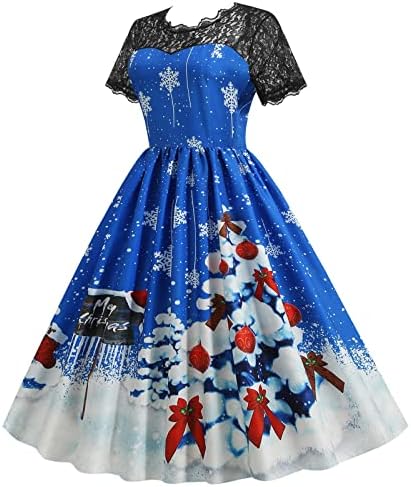 Облечи за жени Елегантна чипка крпеница со кратки ракави за кратки ракави, фустани од 1950 -тите гроздобер Божиќно печатење