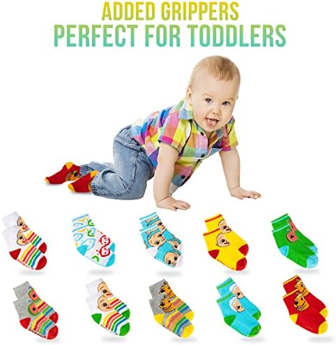 Додаток снабдување со кокомелон чорапи 10 пакувања Бебе чорапи и чорапи за мали деца 2T-5T Кокомелон чорапи за момчиња за мали