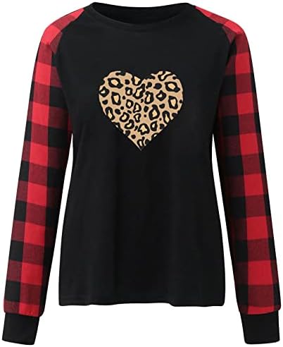 Бафало карирани маички за крпеница за жени кошула за в Valentубените слатки леопард карирани срцеви печати со долг ракав пулвер