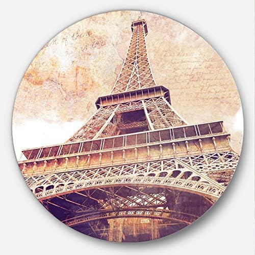 Дизајнарт Ајфеловата Кула Париз Разгледница Дизајн Градски Пејзаж Круг Метал Ѕид Уметност Диск од 23 инчи, 23 H x 23 W x 1 D