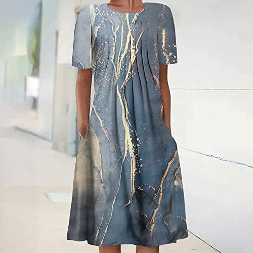 Летен фустан за жени обичен бохо цветен печатен фустан Краток ракав со висок половината Миди плажа фустани лабава проточен плетен
