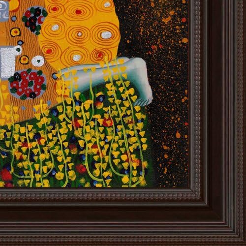 Overstockart Klimt The Kiss Oil сликарство со Deep Black Finish Chesterfield со акцент на Oxblood