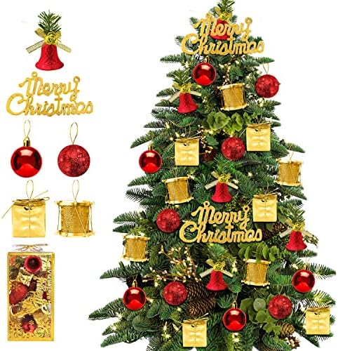Декорација на новогодишна елка од 32 парчиња сет црвено зелена златна божиќна топка Shatterpruof висино дрво украсен асортиман