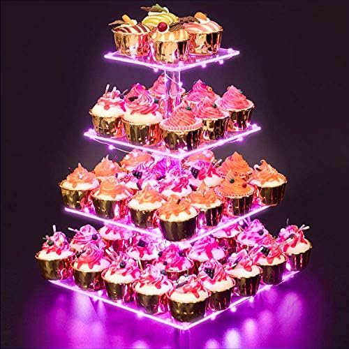 4 Ниво Акрилик Дисплеј Cupcake Штанд за Пециво + LED Светло Стринг-Идеален За Свадби, Роденден +4 Ниво Полица Cupcake Штанд