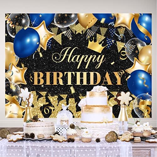 Лофарис Среќна позадина на Birtday сјае, црно злато сино возрасни забава, шампањ, шарени точки, позадина роденденска торта табела