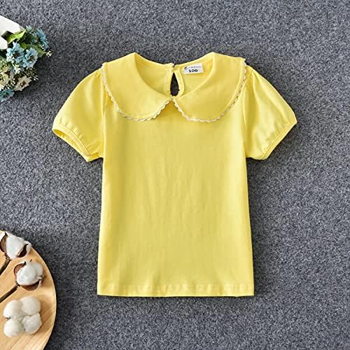 Девојки летна маица мала свежа чипка кратка ракав лапел кратка ракав цврста боја за летна облека од 0 до 6 дете
