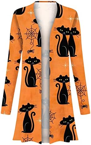 Women'sенски Ноќта на вештерките, лежерна блуза со долги ракави врвови мек плетено џемпер од тиква мачка отпечаток отворена