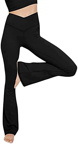 Panенски бутлег јога панталони со високи половини V кросовер, панталони за тренингот, цврсти истегнати јога хеланки, случајни