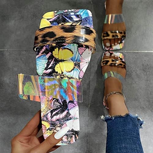 xipcokm рамни влечки за жени летен моден плоштад сандали Две лигави слајдови за печатење на леопард отворени прсти на плажа