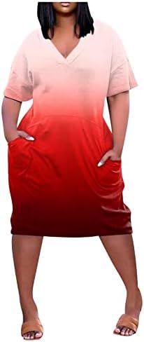 Amxyfbk Women'sенски плус големина V-врат половина ракав колено џеб моден фустан моден обичен градиентски фустани во боја за