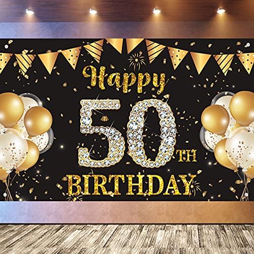 50 -ти роденденски банер за позадина, голема ткаенина среќен роденден знак за банер, црни и златни забави украси за мажи, 50