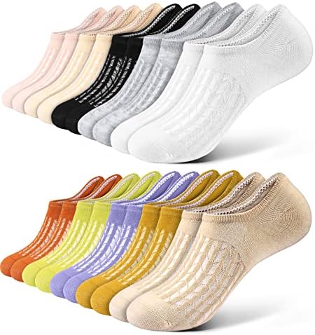 FeeRuunes Women'sенски невидливи чорапи-шупливо дишење чист памук високи еластични 10 пара од 10 бои