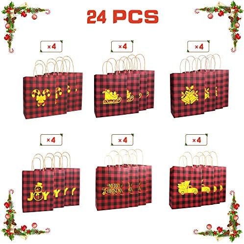 Сакајо 24 ПАРЧИЊА Божиќни Торби За Подароци, Црвени Црни Биволи Карирани Божиќни Кеси Со Марамче, Златна Фолија Божиќни Хартиени Кеси За Божиќно Пакување Подароци П