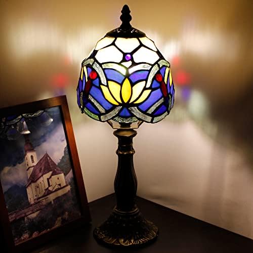 Rhlamps Мала тифани ламба сина обоена стакло лотос ламба, 14 висока луксузна мини акцент ламба, мемориска ламба покрај креветот