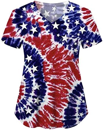 4 јули блуза За Жени Американско Знаме Летни Маици Со Кратки Ракави Против Вратот Со 2 Џебови Блузи Празнична Секојдневна Работна