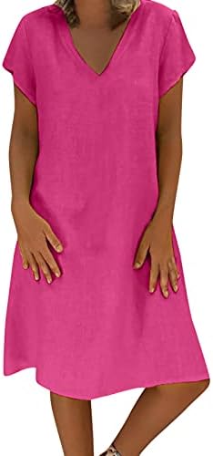 Женски памучен постелнина фустан од тифзадијао, цврста боја, обични летни фустани Краток ракав против вратот лабава плажа Сандес
