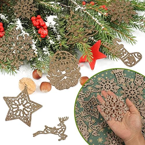 Орнамент од снегулка од шампањ за украси за новогодишни елки - 42 парчиња пластични сјајни шампањ злато снегулка чорап ирваси